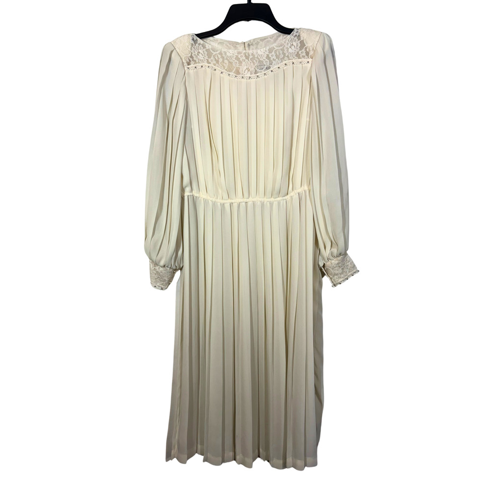 White Pleated Dress Lace Beads Victorian Cottagecore Boho 70s USA Union Made